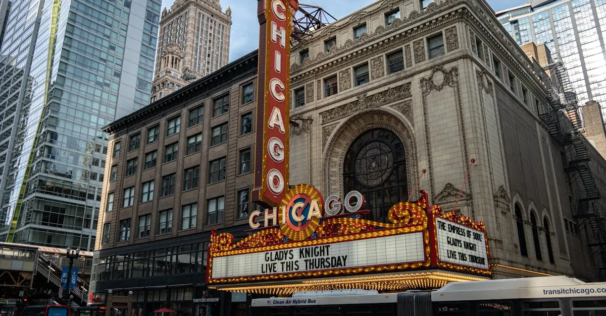 Iconic Chicago Theater on a bustling street, showcasing vintage architecture and vibrant city life.